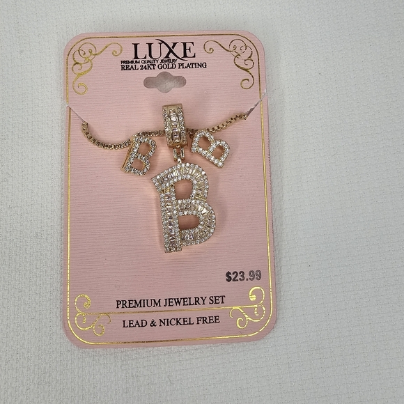 Luxe Initial B  24 KT Gold Plating Necklace & Earrings Set - Picture 3 of 4